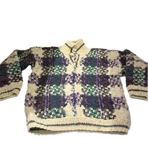 Via Peru purple green plaid chunky 100% wool knit sweater